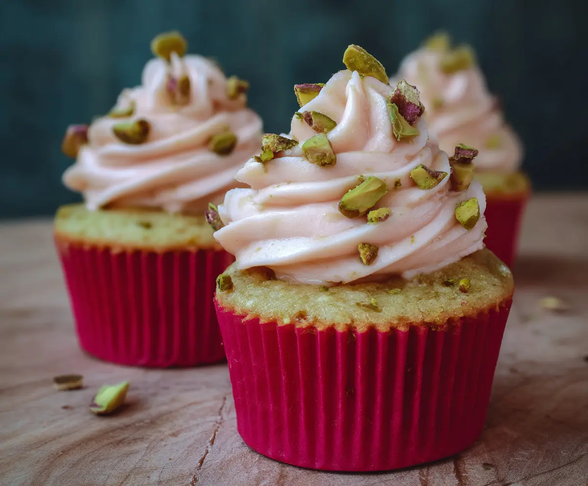 Delicious Honey Pistachio Rosewater Cupcakes topped with frosting and pistachios.