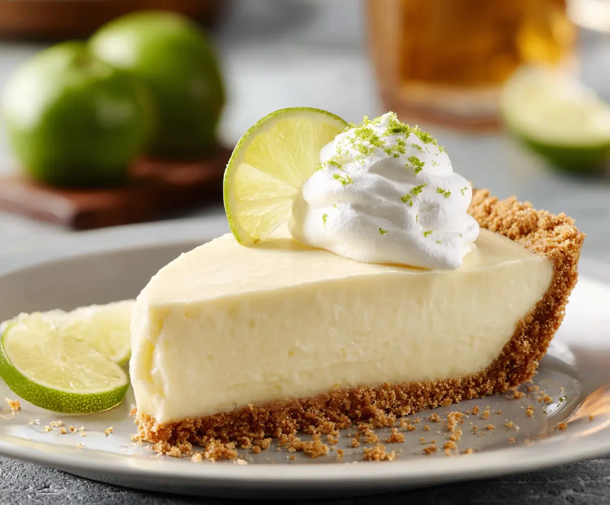 Delicious homemade key lime pie with a graham cracker crust and whipped cream topping.