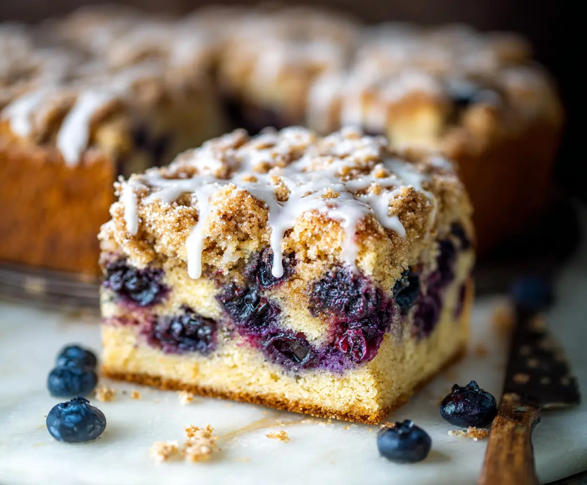 Delicious Lemon Blueberry Sourdough Coffee Cake with fresh berries and lemon zest.