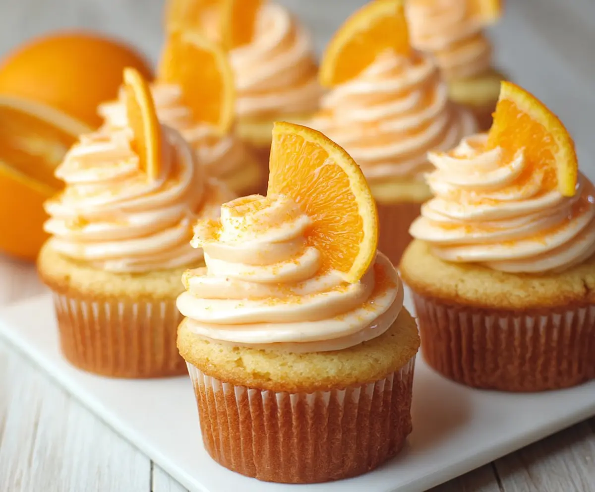 Delicious orange creamsicle cupcakes with creamy frosting and a vibrant orange topping.