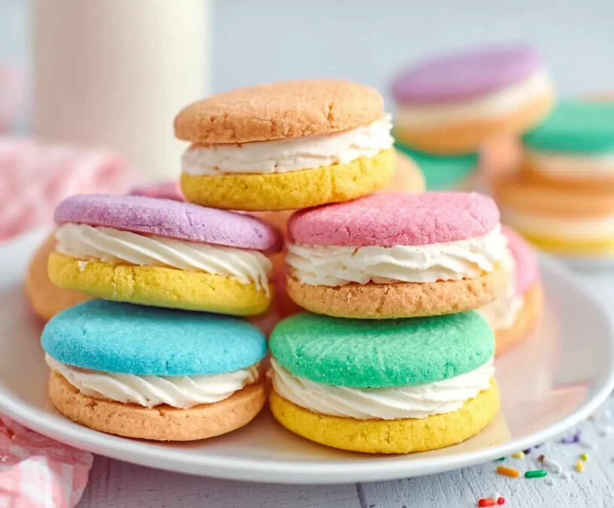 Sweet pastel sugar cookie sandwiches filled with colorful frosting and sprinkles for a delightful treat.