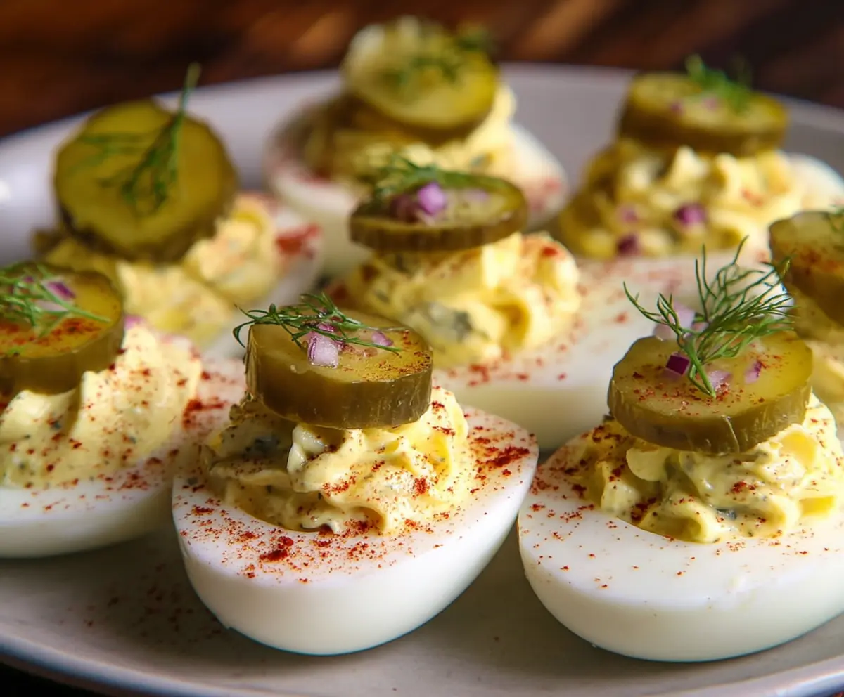 Delicious pickle deviled eggs garnished with paprika and fresh herbs on a white plate.