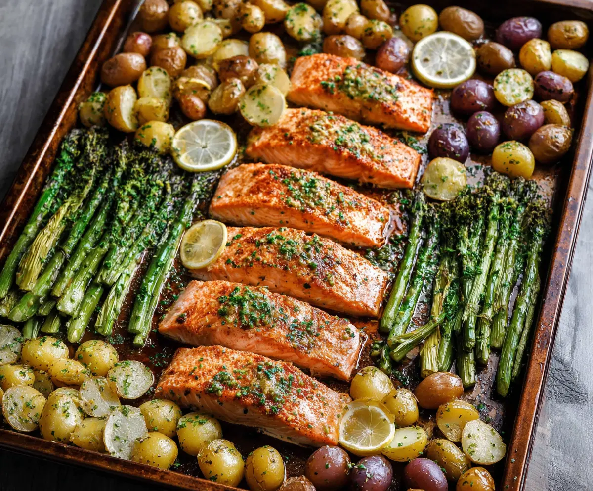 Delicious sheet pan honey mustard salmon with colorful spring vegetables on a baking sheet.
