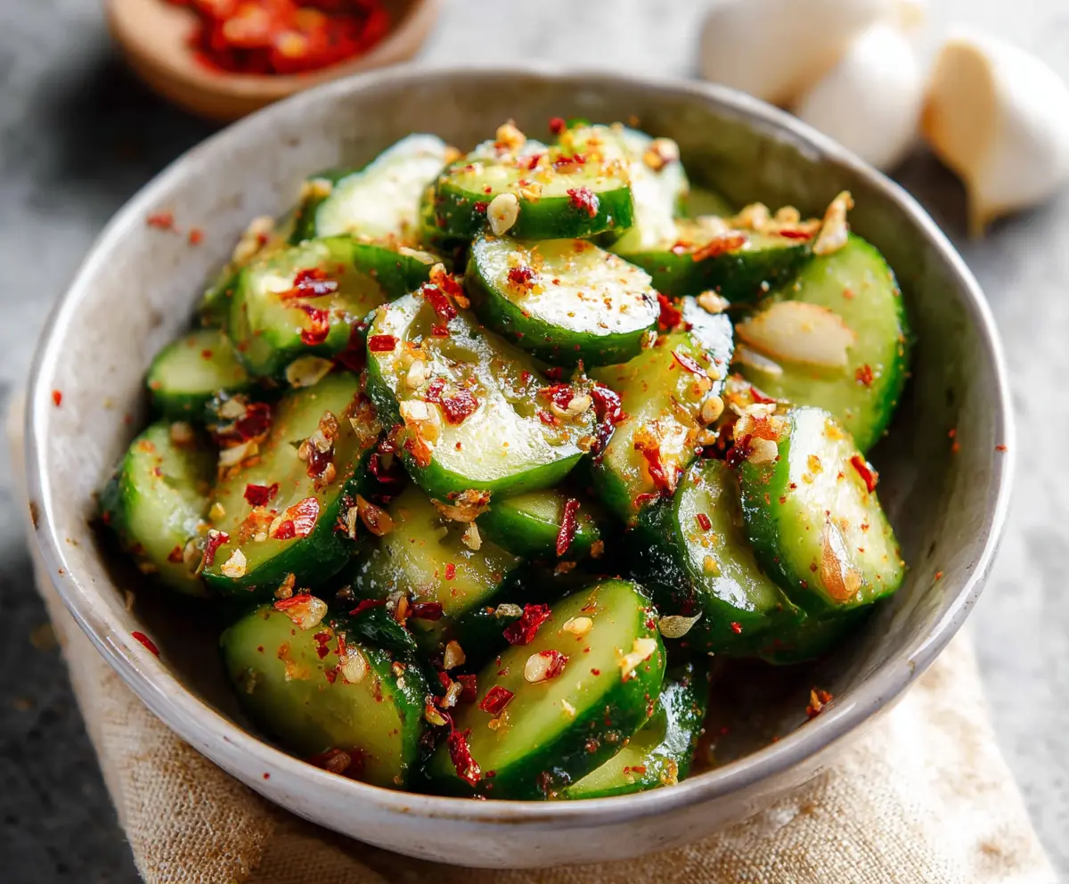 Fresh spicy cucumber salad with chili flakes and herbs, perfect for a light and refreshing appetizer.