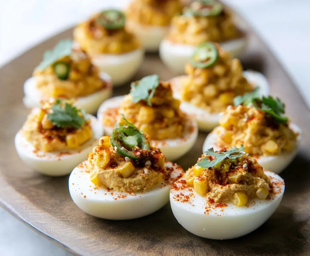 Spicy Elote Deviled Eggs