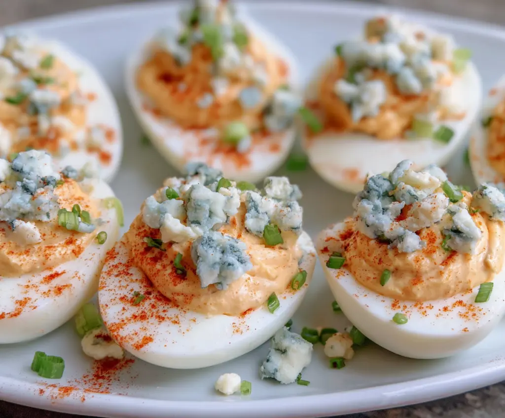 Buffalo Blue Cheese Deviled Eggs on a platter, garnished with blue cheese crumbles and hot sauce.