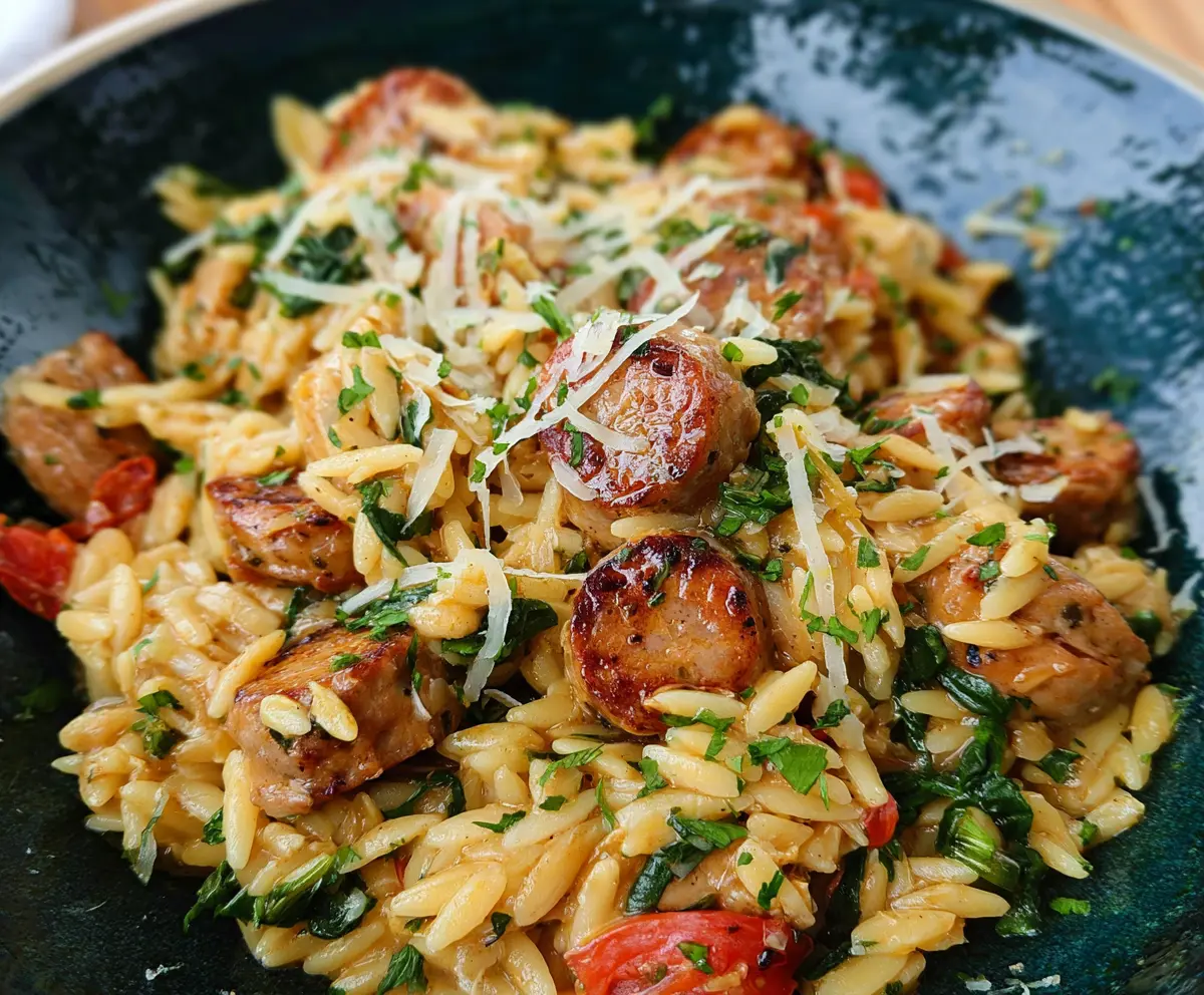 Delicious Chicken Sausage Orzo dish with seasoned chicken sausage and tender orzo pasta on a plate