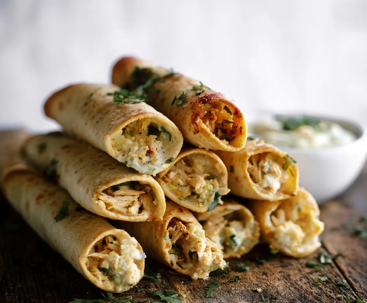 Crispy Dill Pickle Ranch Chicken Taquitos served with fresh herbs and dipping sauce