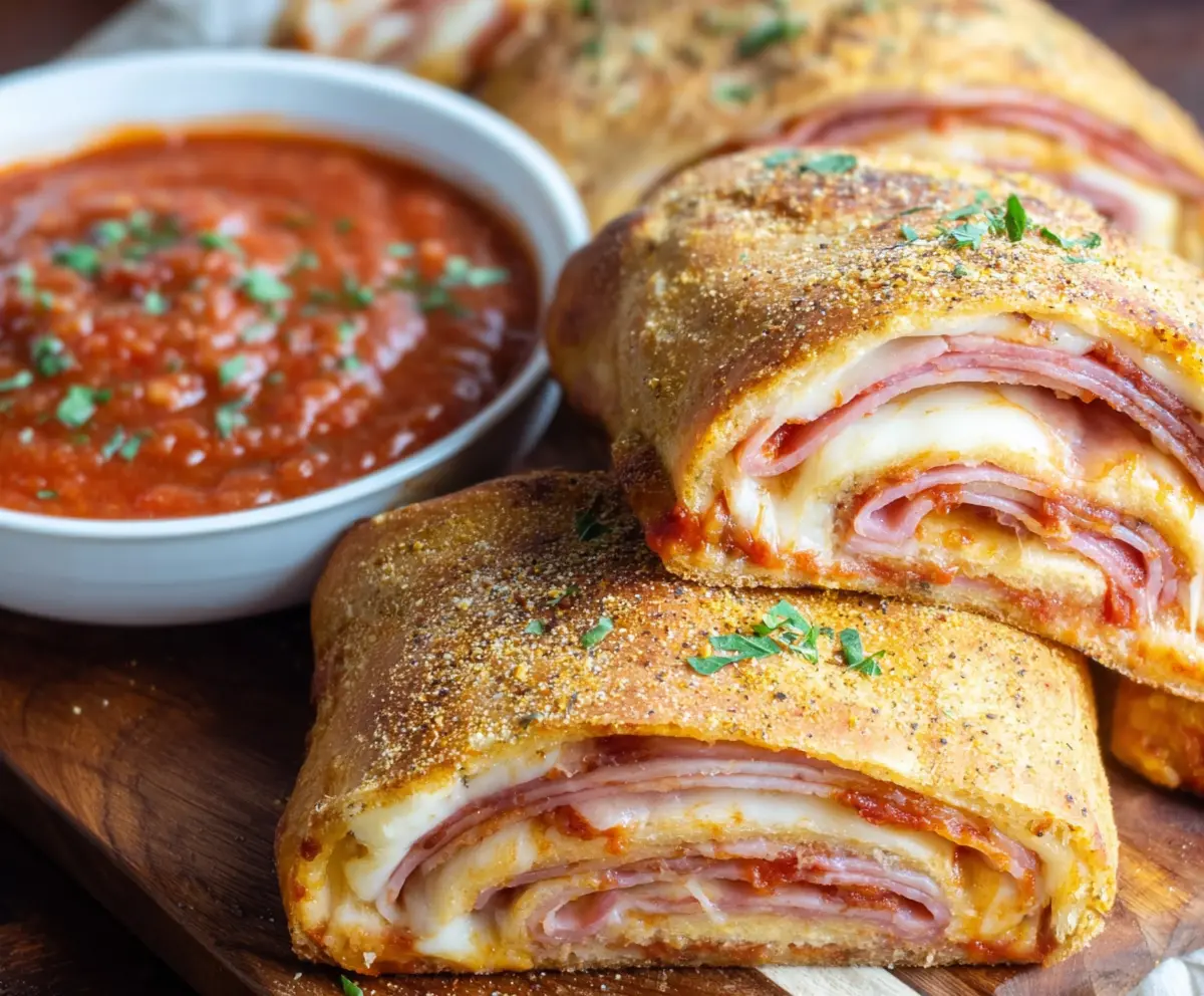 Delicious homemade Easy Stromboli with melted cheese and savory fillings rolled in a golden crust
