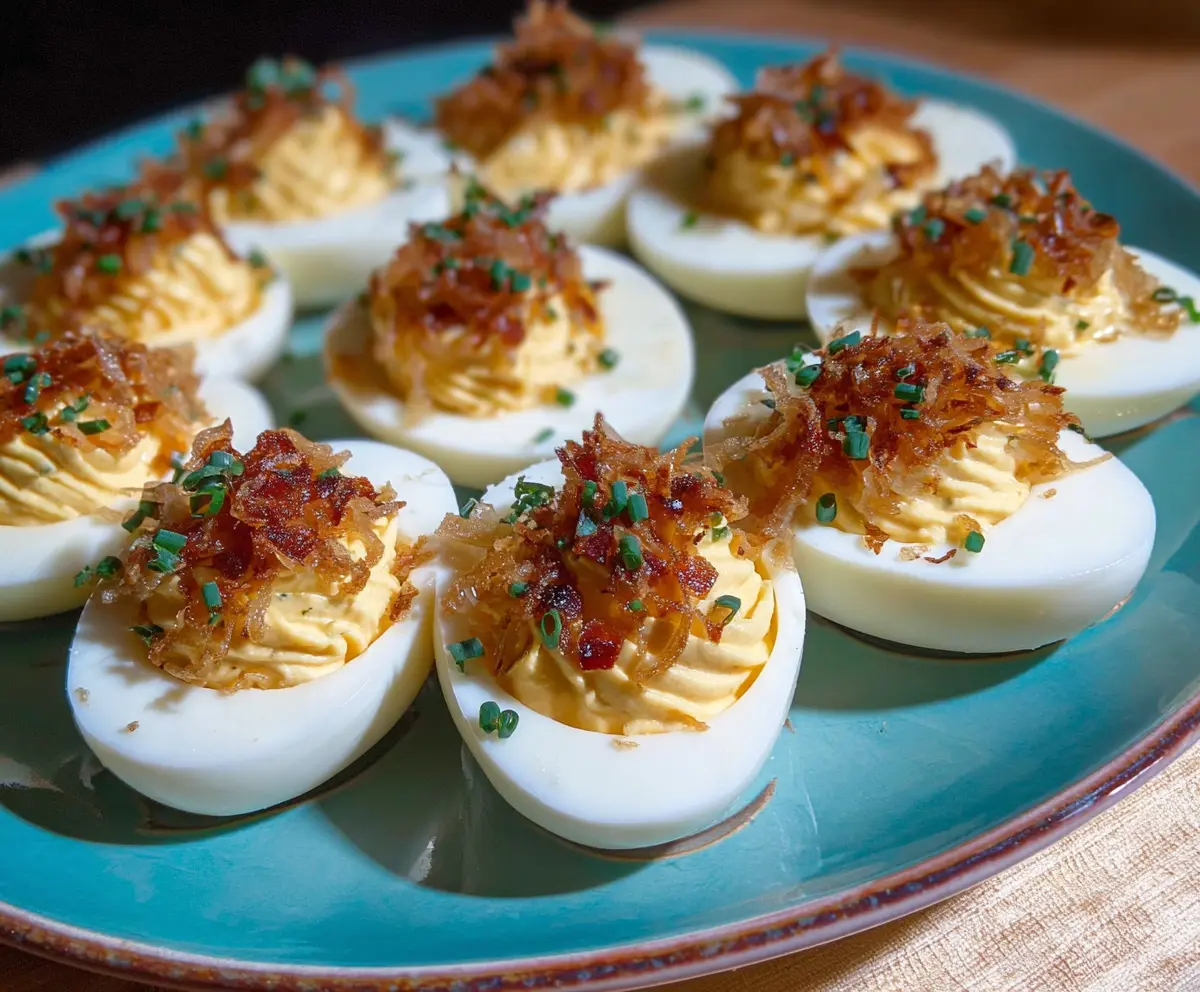 French Onion Deviled Eggs topped with caramelized onions and fresh herbs for a savory appetizer.