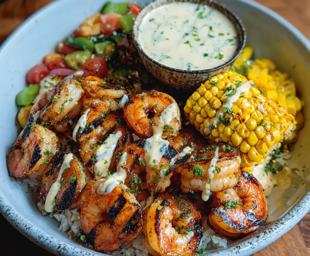 Grilled Shrimp Bowl Recipe with Creamy Garlic Sauce and Seafood Dishes