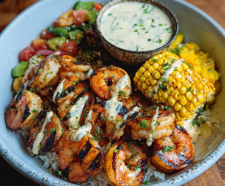 Grilled Shrimp Bowl Recipe with Creamy Garlic Sauce and Seafood Dishes