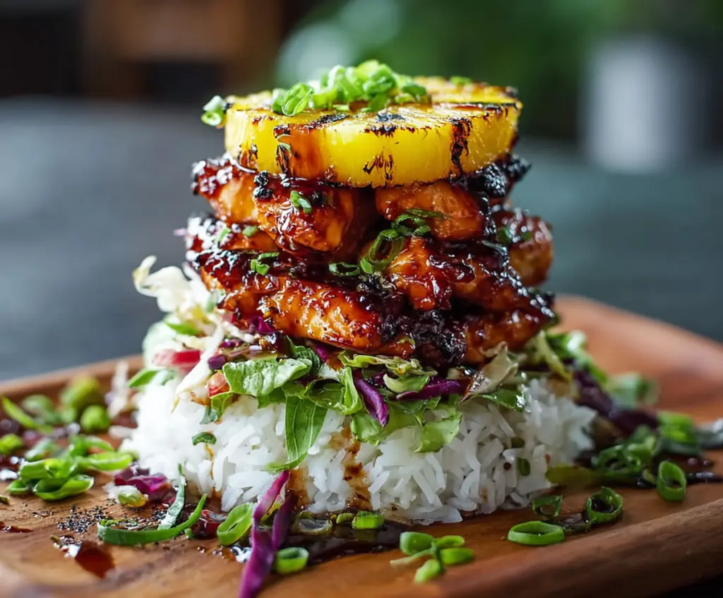 Delicious Hawaiian Huli Huli Chicken Stack with grilled chicken, fresh pineapple, and vibrant vegetables on a plate.