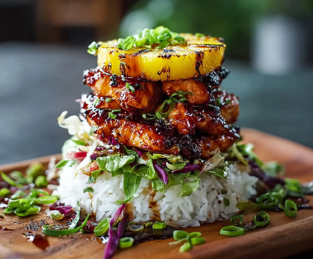 Delicious Hawaiian Huli Huli Chicken Stack with grilled chicken, fresh pineapple, and vibrant vegetables on a plate.