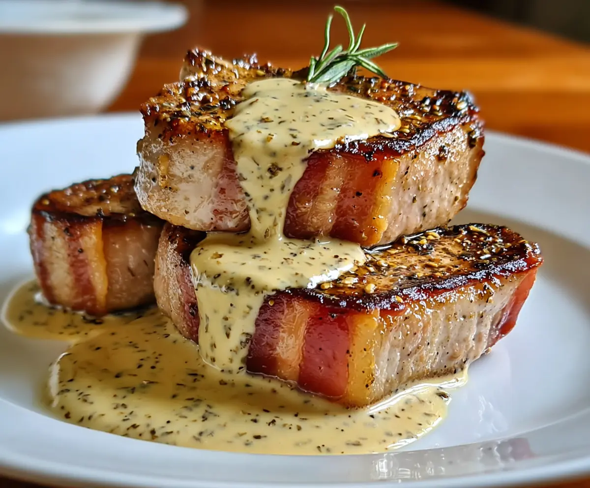 Delicious Maple Bacon Pork Chops topped with a rich Dijon Mustard Cream Sauce on a stylish plate.