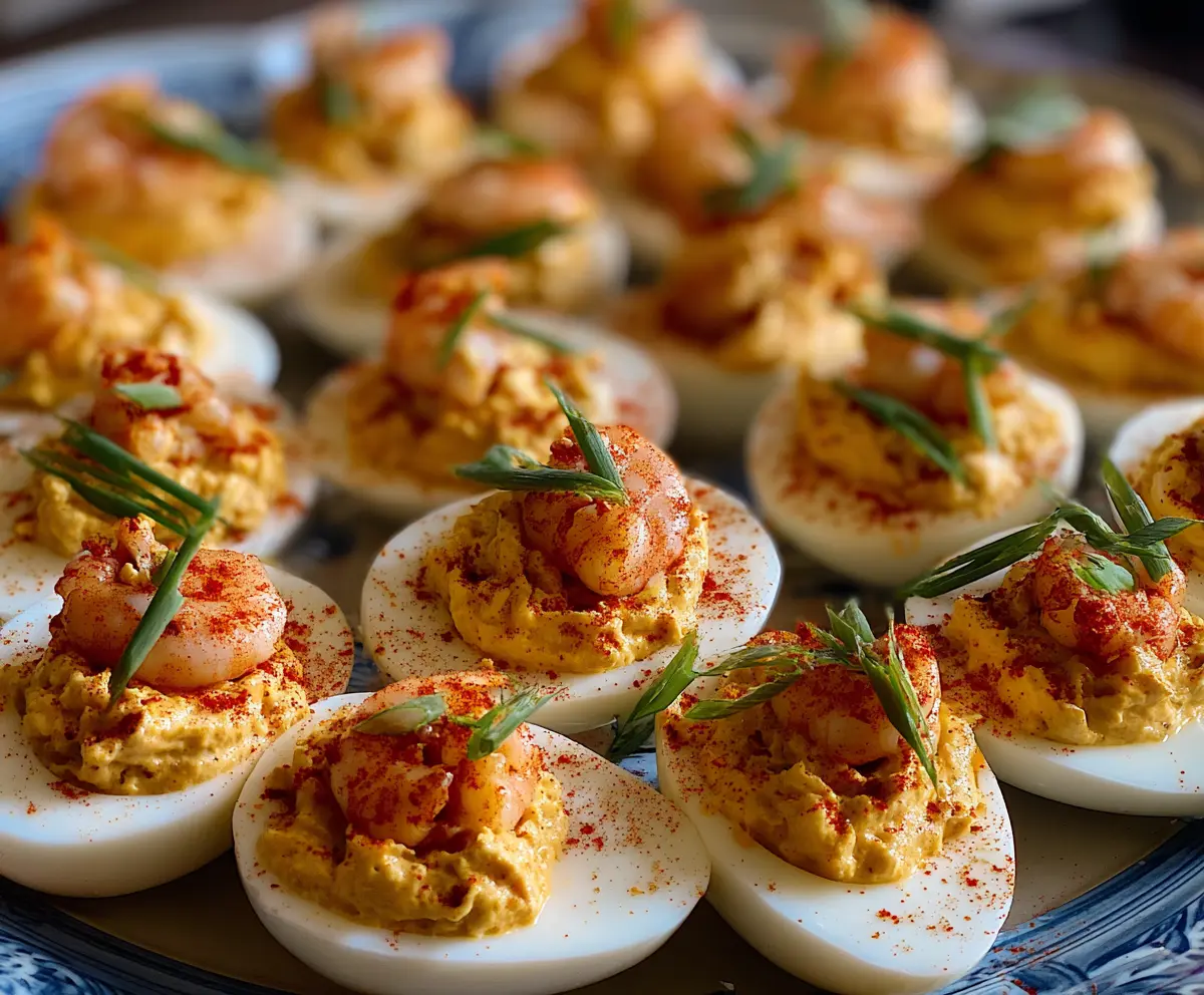 Delicious Spicy Crawfish Deviled Eggs garnished with herbs on a serving platter.