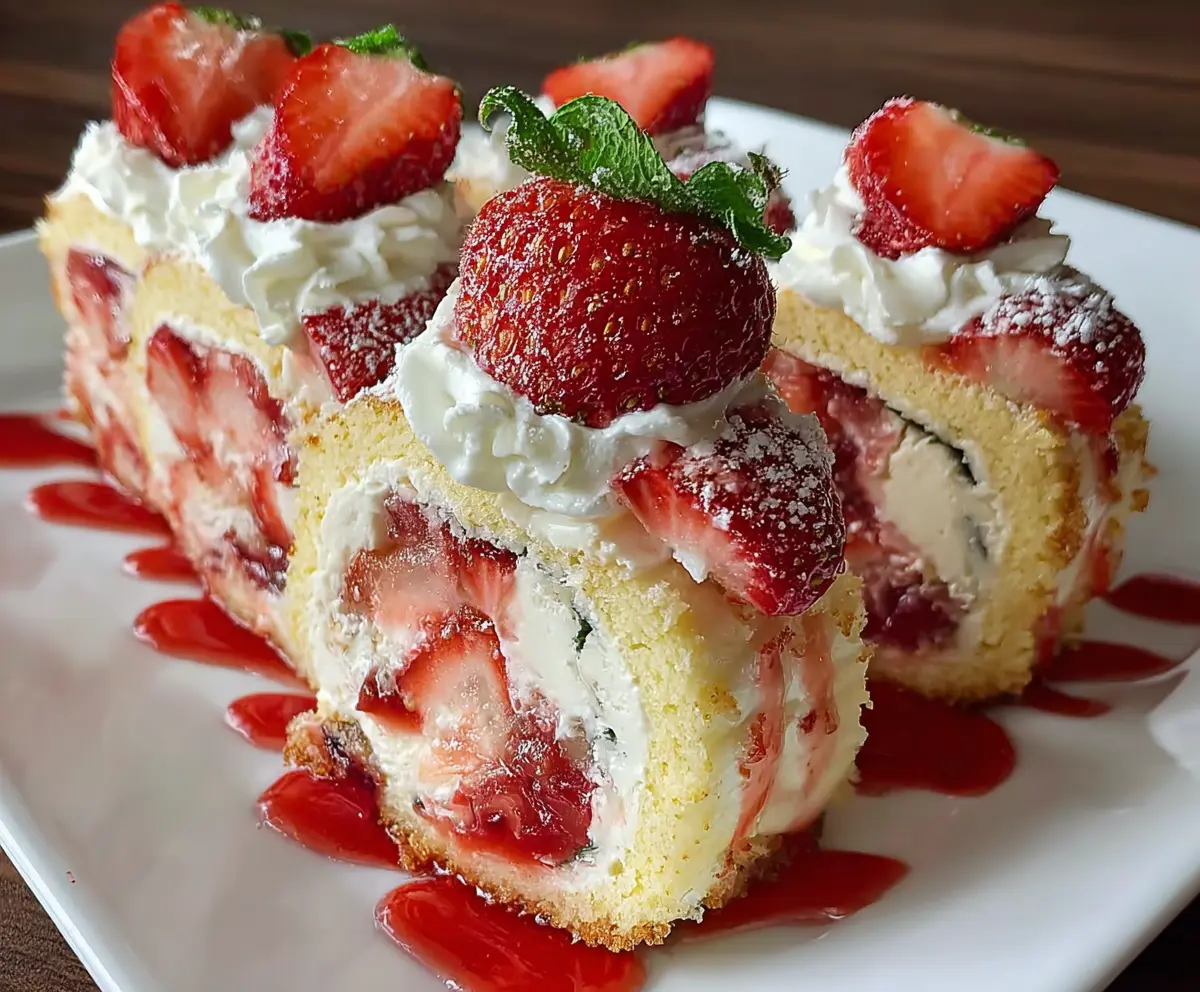Delicious strawberry shortcake cheesecake sushi rolls with fresh strawberries and creamy layers.