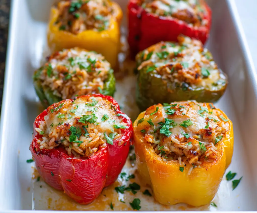 Baked peppers stuffed with teriyaki pineapple chicken and rice, garnished with fresh herbs.